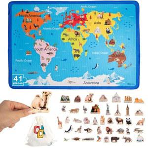 Adena Montessori 아동용 세계 지도 30개의 나무 11개의 학습 동물 장난감 분류 있는 쌓기 랜드마크가 및 지리 퍼즐 교육용