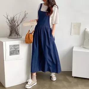 여성 봄 가을 데님 멜빵 나시 롱 원피스 -KOP0600- 빅사이즈 루즈핏 오버핏