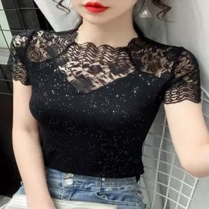 레이스 자수 반팔 티셔츠 탱고 라틴 상의 라인댄스복