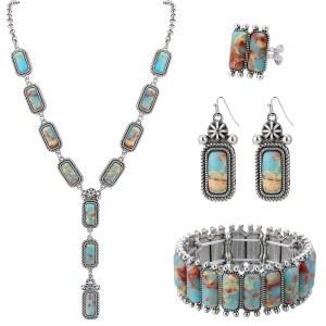 JMScape 여성용 4PCS 웨스턴 터쿼이즈 주얼리 보호 빈티지 나바호 진주 목걸이 귀걸이 팔찌 반지 세트 컨트리 카우걸 액세서리 선물용
