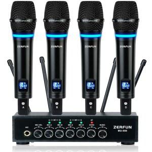 ZERFUN 충전식 무선 마이크 시스템 4채널 프로, UHF 메탈 핸드헬드 코드리스, 블루투스 에코 볼륨 조절 기능 포함 교회 노래방 노래, 4x50 주파수(MU-898)