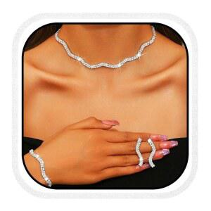 Aukmla 라인스톤 브라이덜 웨딩 주얼리 세트 초커 목걸이 귀걸이 팔찌 여성 및 신부를 위한 프롬