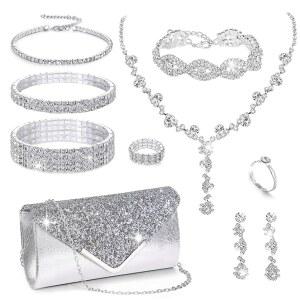 메도조 10pcs 여성용 실버 라인스톤 주얼리 세트 신부 결혼 무도회 이브닝 반짝이 클러치 지갑 가방 목걸이 테니즈 레이어드 팔찌 CZ 링 크리스탈 드롭 귀걸이 샤이니 코스튬 키트