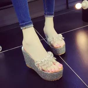 웨지 하이 힐 샌들 통굽 슬리퍼 쪼리 신상 여름 꽃 장식 플랫폼 여성 패션 실버 하이힐 클래식 골드 신발