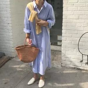 스트라이프 셔츠 롱 원피스 오버핏 임산부 빅사이즈