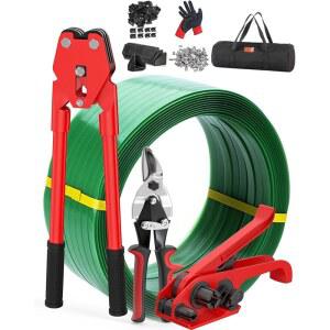 텐셔너, 실러, 커터, 5/8 PET 스트랩 롤, 스틸 씰, 코너 프로텍터, 창고, 물류용 장갑 및 휴대용 가방이 포함된 밴딩 키트 9-in-1, 헤비 듀티 팔레트 도구 세트