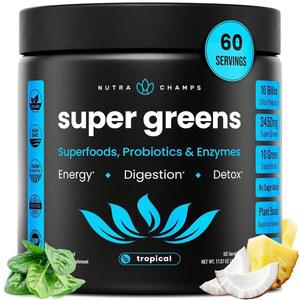 NutraChamps Super Greens 파우더 프리미엄 슈퍼푸드 20개 이상의 녹색 채소 자연 식품 알팔파, 스피루리나, 클로렐라 등 제, 소화 효소 및 프로바이오틱 블렌드