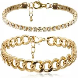 켈리스톰 쿠바 링크 라인스톤 테니스 발찌 세트 여성용 18K 골드 또는 화이트 도금 체인 발목 팔찌 연장