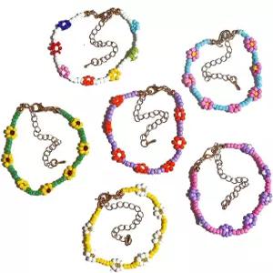 6Pcs 컬러풀 데이지 꽃 구슬 팔찌 세트 인디 핸드메이드 레인보우 발찌 vsco Boho 여름 해변 땋은 끈 Y2K