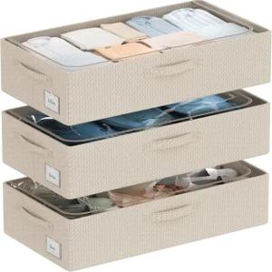 금속 프레임이 있는 CYhom 3Pcs 언더베드 보관함 - 투명 커버가 옷장용 신발 정리함 옥스포드 원단 견고한