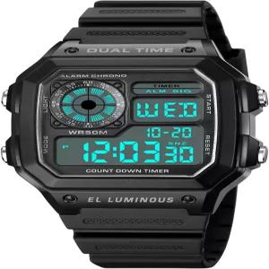 PASOY 남성용 디지털 다기능 시계 듀얼 타임 알람 스톱워치 카운트다운 백라이트 방수