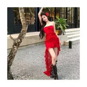 타노스여자 데일리룩 원피스 쉬폰 여름 바캉스 롱 드레스 프렌치 프릴 드레이프 언발란스 스커트 KUK5