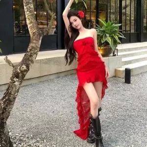 손오반 여자 스커트 원피스 롱 여름 프렌치 데일리룩 쉬폰 프릴 언발란스 드레스 바캉스 드레이프 KUK5