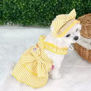 반려견여름옷 강아지 스트라이프 드레스 모자 세트 옐로우 1P 외출 애견티셔츠
