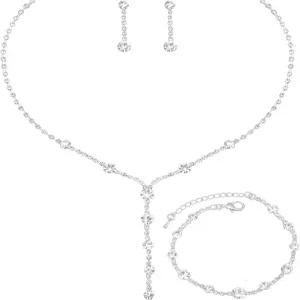 여성용 엑샤오 실버 주얼리 세트 크리스탈 초커 목걸이 귀걸이 링크 팔찌 신부 결혼식 신랑 무도회 의상