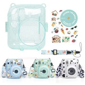 Fujifilm Instax Mini 12 투명 카메라 케이스 보호용 운반 가방 커버 어깨 끈 보관 귀여운 스티커 포함