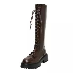 8CM 속굽 키높이 통굽 가죽 워커 롱 레이스업 블랙 기모안감