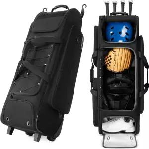 AUROTIER 대형 롤링 야구 포수 기어백 바퀴 달린 소프트볼 가방 펜스 훅 방수 포켓 슈즈 수납 공간이 있는