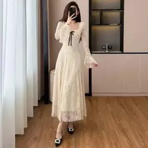 EAMT 여사친 원피스 이너 봄 롱스커트 헨리넥 프렌치 슬림 레이스 EUNG1