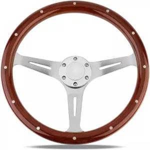 YEHICY 15인치 클래식 우드 그레인 스티어링 휠 리벳 라이트 그립 유니버설 자동차 레이싱 슬롯 3개 경적