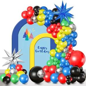 생일 졸업식 카니발 슈퍼히어로 로봇 블록 비디오 게임 테마 파티 장식용 블랙 레드 블루 풍선 갈랜드 아치