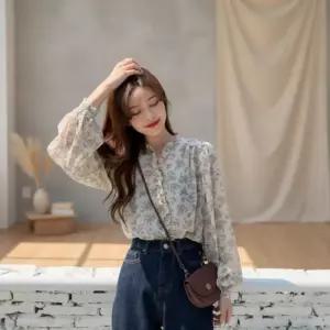 [옷자락]여성 긴팔 플라워 쉬폰 블라우스 루즈핏