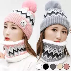 방울 패턴 비니 넥워머 따뜻한 겨울모자 세트