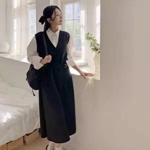 [옷자락]여성 심플 버클 벨티드 모직 니트 민소매 롱 원피스_3