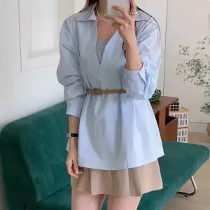 [옷자락]여자 끈나시 슬림벨트 루즈 박시핏 오픈카라 셔츠 세트