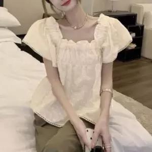 [옷은날개] 레이스 펀칭 프릴 밴딩 스퀘어넥 여름 반팔 블라우스