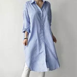 [옷은날개] 스트라이프 롱셔츠 원피스 베이직 밑단 절개 카라넥