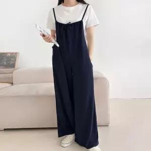 [옷자락]여자 봄 리본 끈나시 레이어드 포켓 와이드핏 점프수트