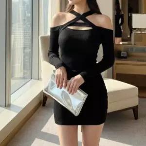 [옷자락]여성 바디콘 롱슬리브 오프숄더 크로스넥 골지 미니드레스