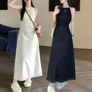 [옷자락]여자 우아한 바캉스룩 홀터넥 허리트임 원피스