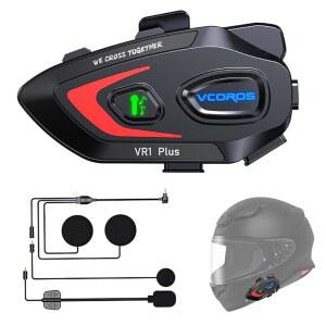 VCOROS 오토바이 헬멧 헤드셋, 양방향 2인용 인터콤, 음악 공유, 방수 IP56, 장면 믹싱, 하이파이 사운드, AI 음성 비서(VR1 플러스 하드 마이크)