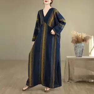 엘럽 원피스 여성 가을 얇은 프린트 빅사이즈 슬림핏 스트라이프 프렌치 긴팔 브이넥 플라워 면마 박템3