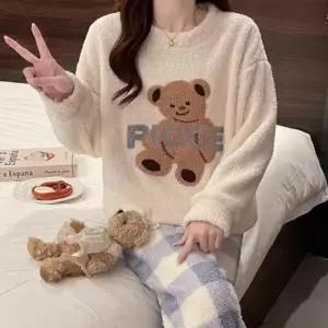 겨울잠옷바지 여성 겨울 귀여운 곰돌이 극세사 수면 잠옷 파자마 세트