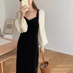 [_의류]페미닌 벨벳 긴팔 시스루 배색 퍼프 롱 원피스