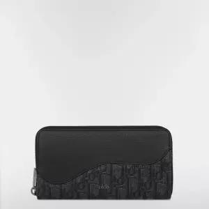 Saddle 지퍼 장지갑 - 블랙 그레인 송아지 가죽 마르퀘트리  블랙 Dior Oblique
