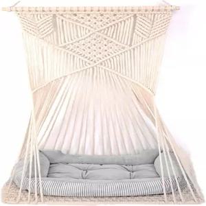 마크라메 걸이 고양이 해먹 침대 그네 집 공간 절약 창문 퍼치와 세탁된 면 장난감 태슬 바구니 태피스트리