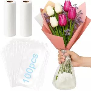 꽃다발용 투명 꽃물주머니 100개 꽃꽂이용 20개 튼튼한 물주머니 11.8x11.8인치 신선 컷 포장지 장미
