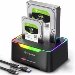 POSUGEAR 외장 하드 드라이브 도킹 스테이션 2.5/3.5인치 SATA HDD SSD용 RGB 20TB 듀얼 베이 2개 포함 USB