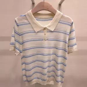 여성 카라넥 단추오픈 단가라 여름 반팔 니트 티셔츠 21DS-WKN-5179-소라