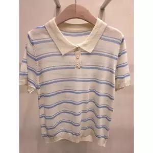 [하프클럽/샵앤]여성 카라넥 단추오픈 단가라 여름 반팔 니트 티셔츠 21DS-WKN