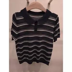 [하프클럽/샵앤]여성 카라넥 단추오픈 단가라 여름 반팔 니트 티셔츠 21DS-WKN