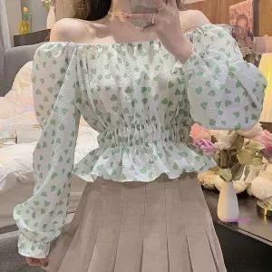 크롭 허리 블라우스 오프숄더 넥밴딩 하트패턴yza036