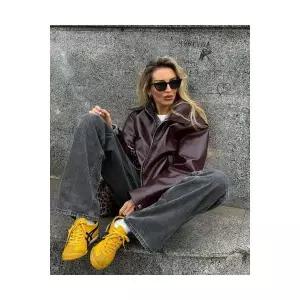 헐크 여성용 봄 가을 재킷 코트 가죽 폴라넥 스트리트패션 가죽무스탕 KKE1