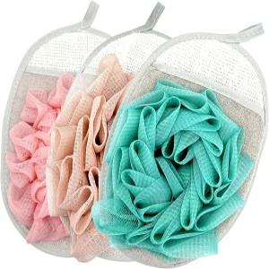 플라워 파우치 볼이 포함된 3PCS 메시 목욕 스펀지 장갑 - 부드러운 바디 스크럽과 딥 클렌징을 위한 각질