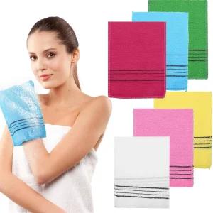 6PCS 각질 제거 천 장갑 컬러풀 목욕 14x18.5cm/5.5x7.2인치 여성용 행주 먼지 및 기름 양면 스크럽