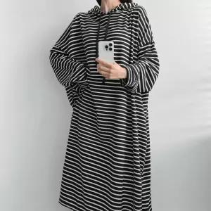 [옷자락]여자 단가라 후드 홈웨어 빅사이즈 면 배색 롱원피스